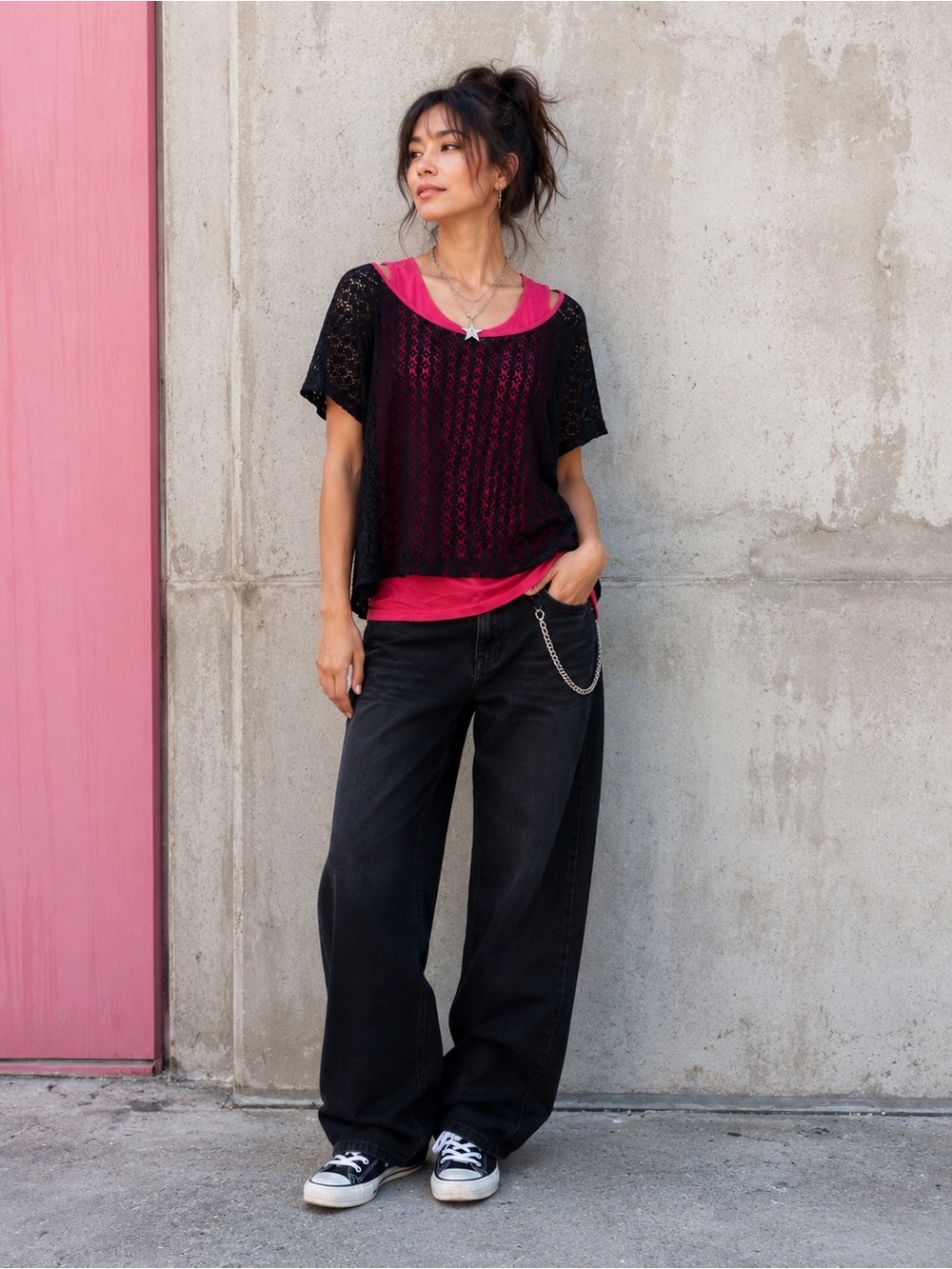 Black Crochet Overlay Top with Pink Tank